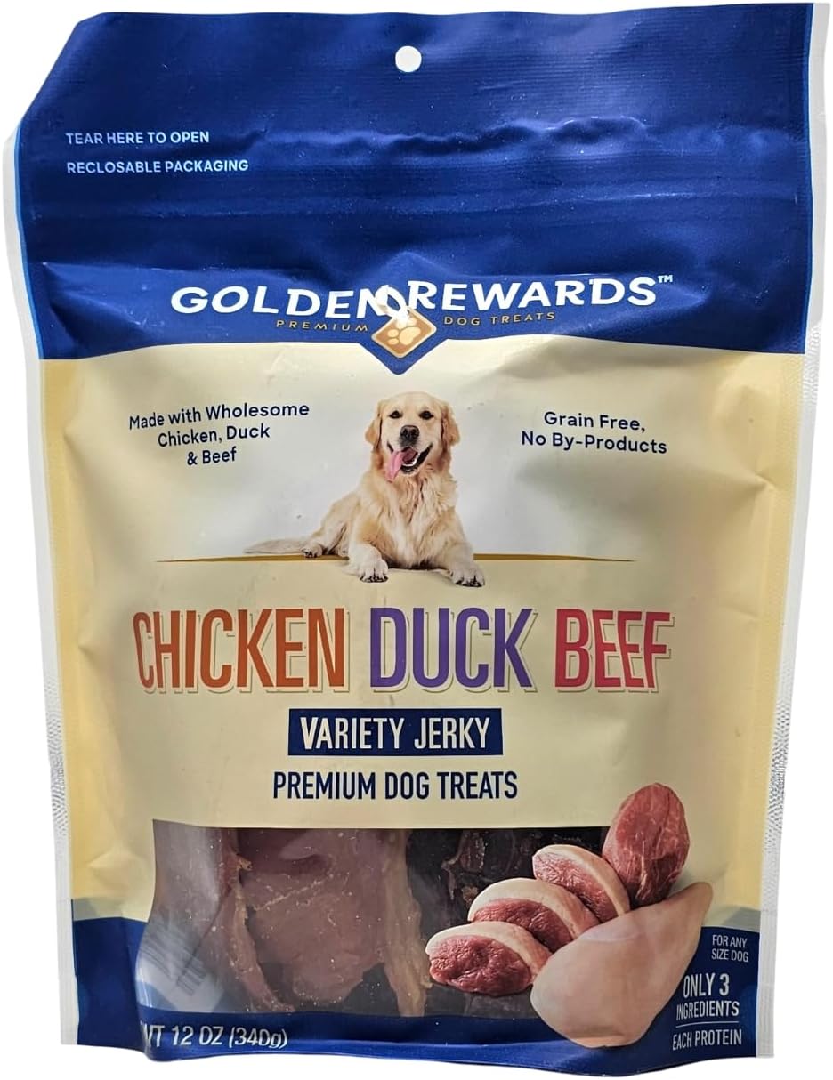 Golden Rewards Chicken, Duck and Beef Variety Jerky Dog Treats, 12 Ounces